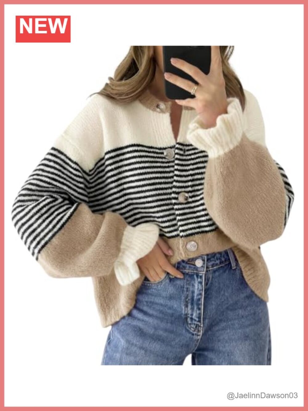 Striped Color Block Ruffle Sleeve Button Up Cardigan Sweater